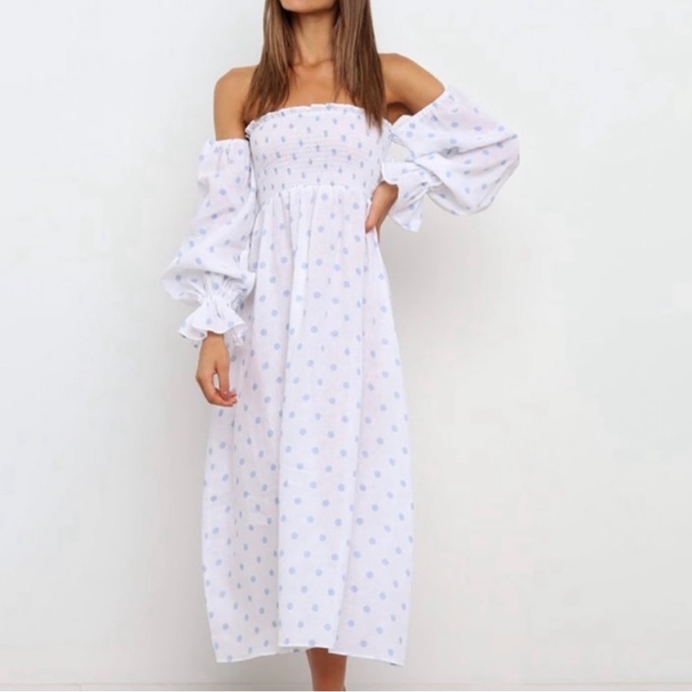 Petal & Pup Gabriella Polka Dot Smocked Midi Linen Dress